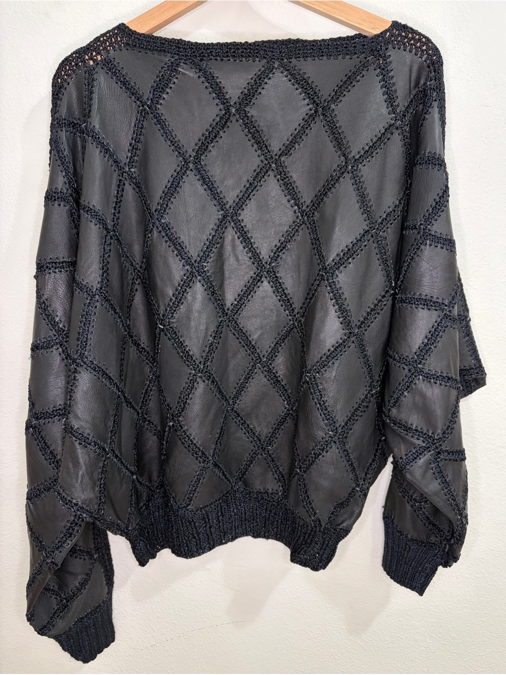 Vintage Rare Angel Genuine Leather & Knit Diamond-Pattern Patchwork Top - Blac